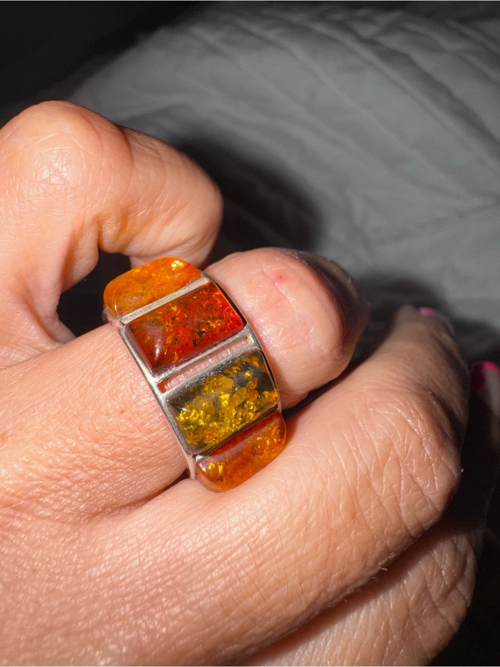 Sterling Silver Amber Inlay Ring - Multi Amber Colors